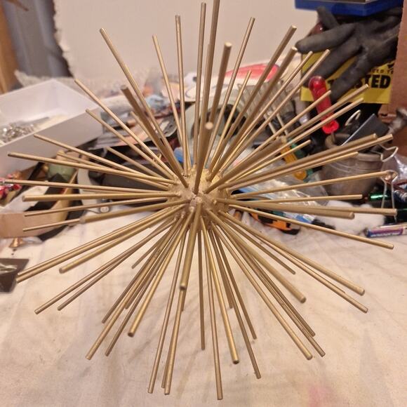 Vintage Metal Spiked Hanging Orb 10”Diameter Gold Tone Pom Pom Urchin Sputnik - Picture 3 of 4